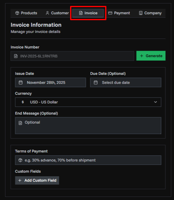 First Invoice Screenshot