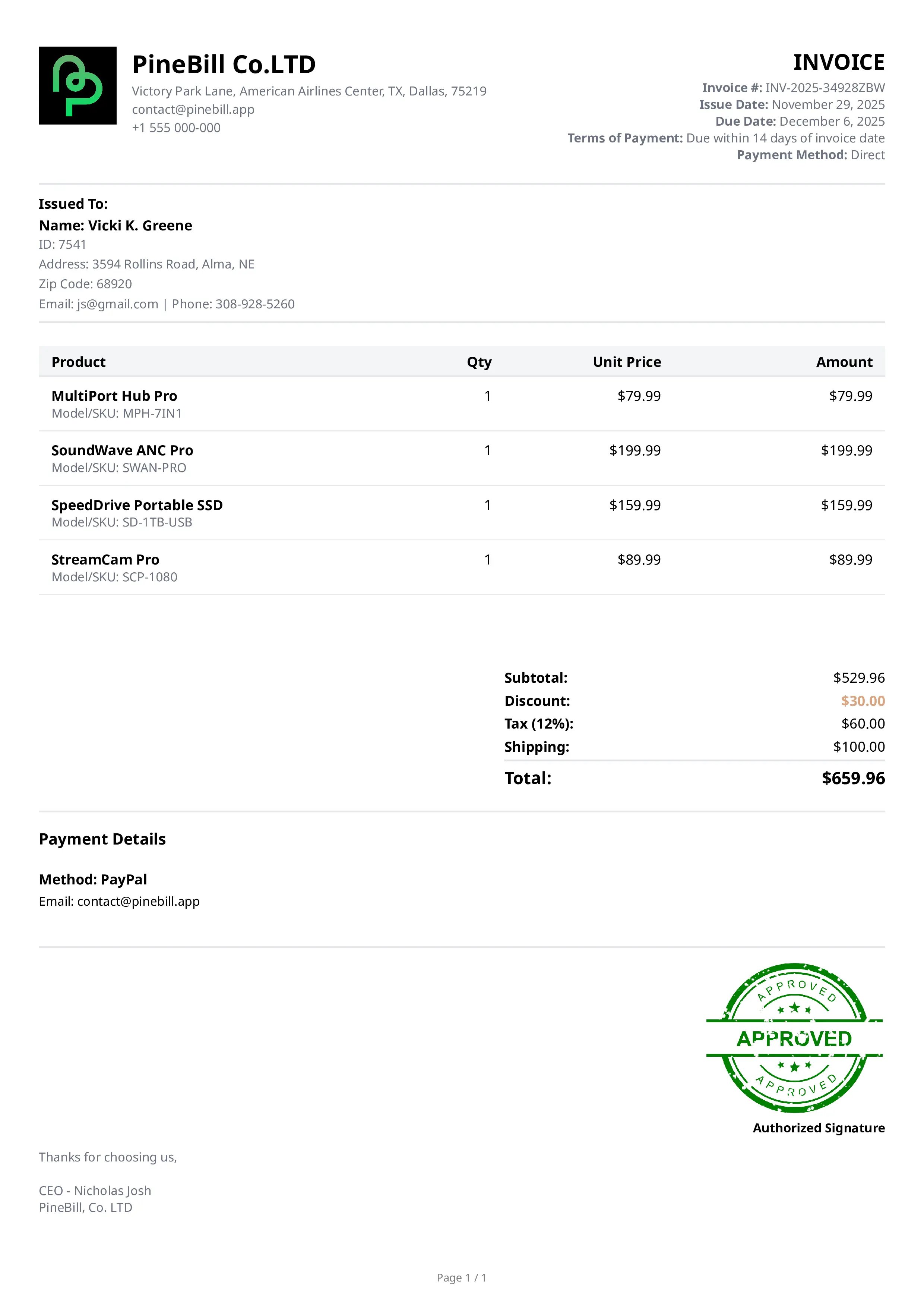First Invoice Screenshot