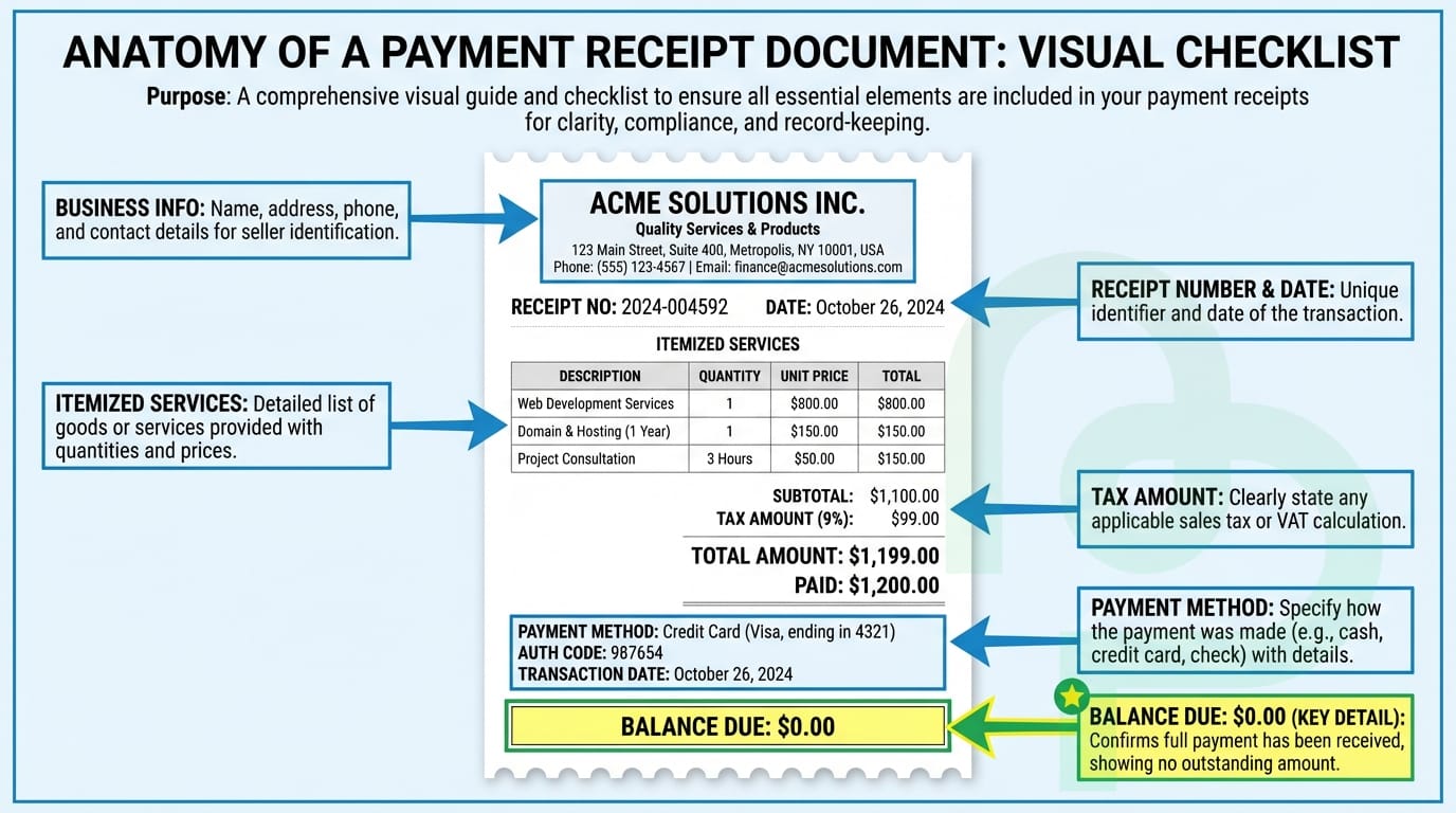 Anatomy of a payment receipt showing labels for header, business info, amount, and payment method