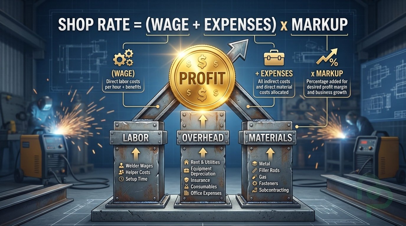 Infographic showing the formula for calculating welding shop rates including labor and overhead