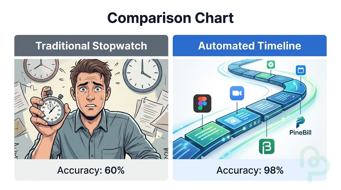 Chart comparing manual time tracking versus automated capture for revenue accuracy