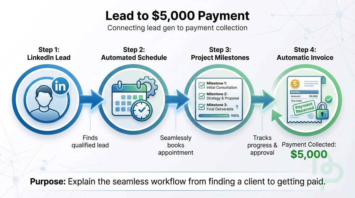 A process flow diagram showing the connection between lead generation, scheduling, and invoicing via solopreneur software.