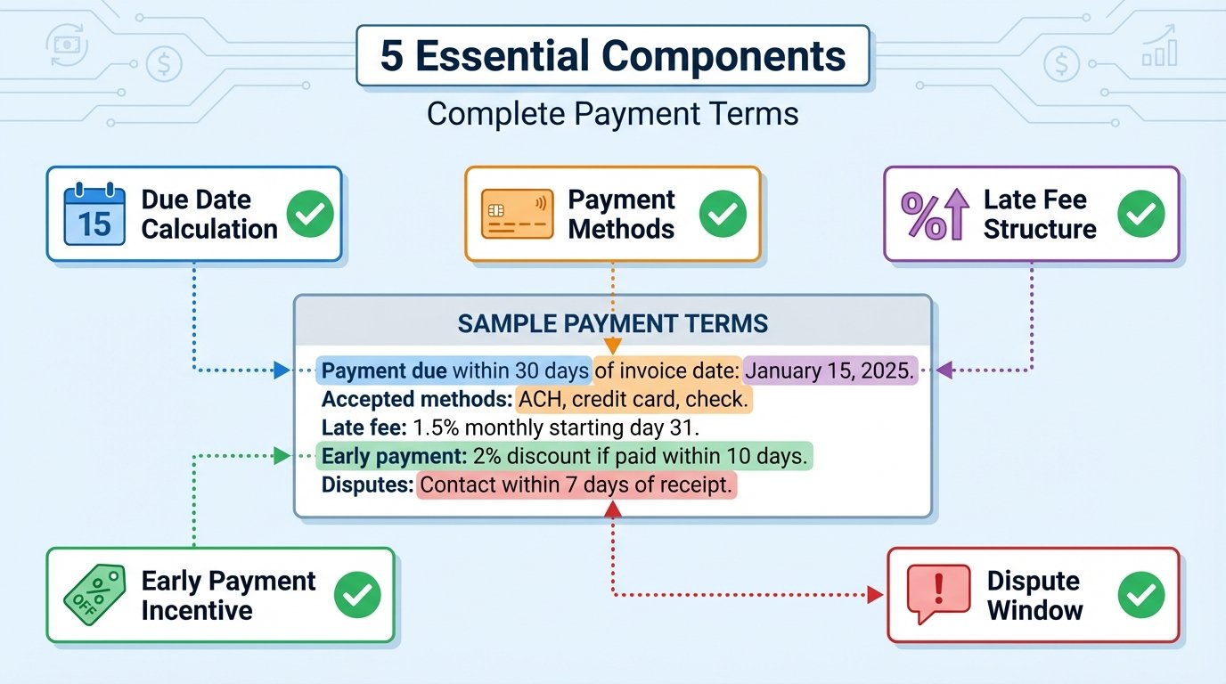 Diagram showing five essential components of invoice payment terms with examples for each element