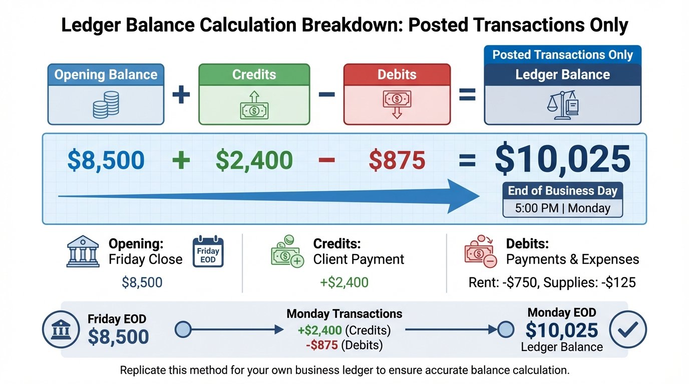 Formula diagram showing ledger balance calculation with opening balance plus credits minus debits for small business accounting