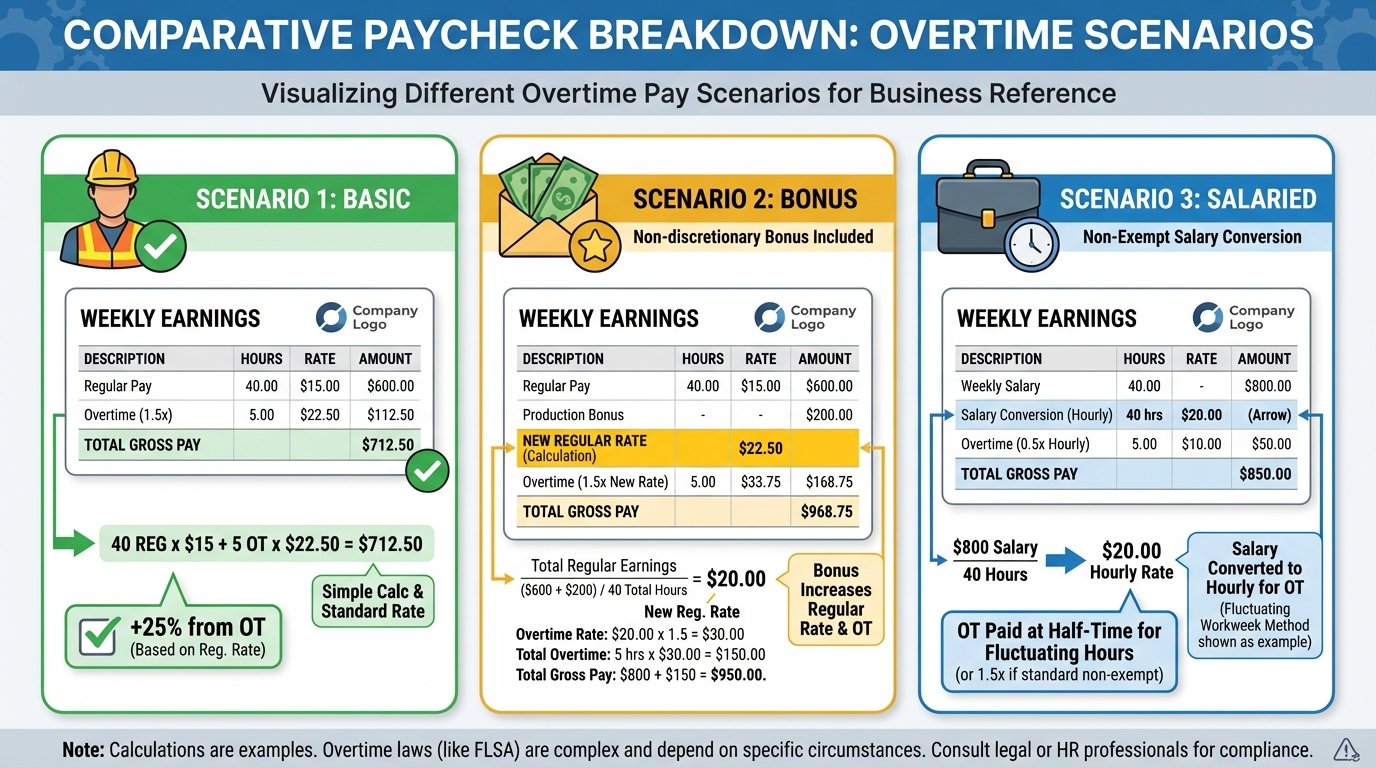 Table visualization of time and a half calculations with paycheck breakdown