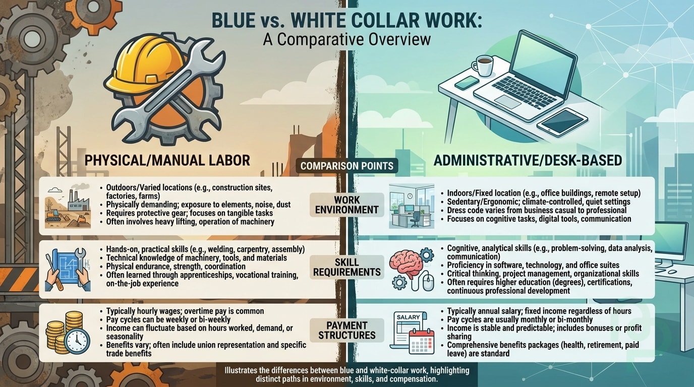 Comparison diagram showing differences between blue collar and white collar work environments and payment structures
