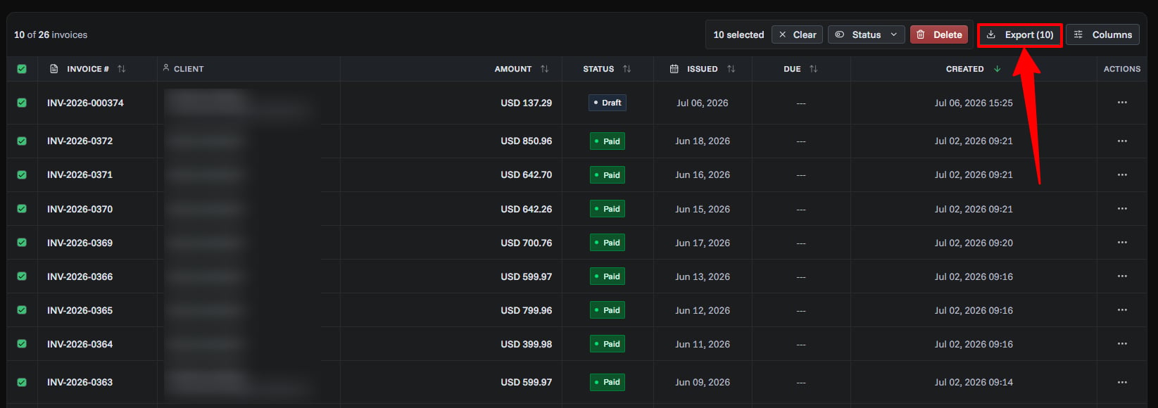 Export button on the Invoices list with 10 invoices selected