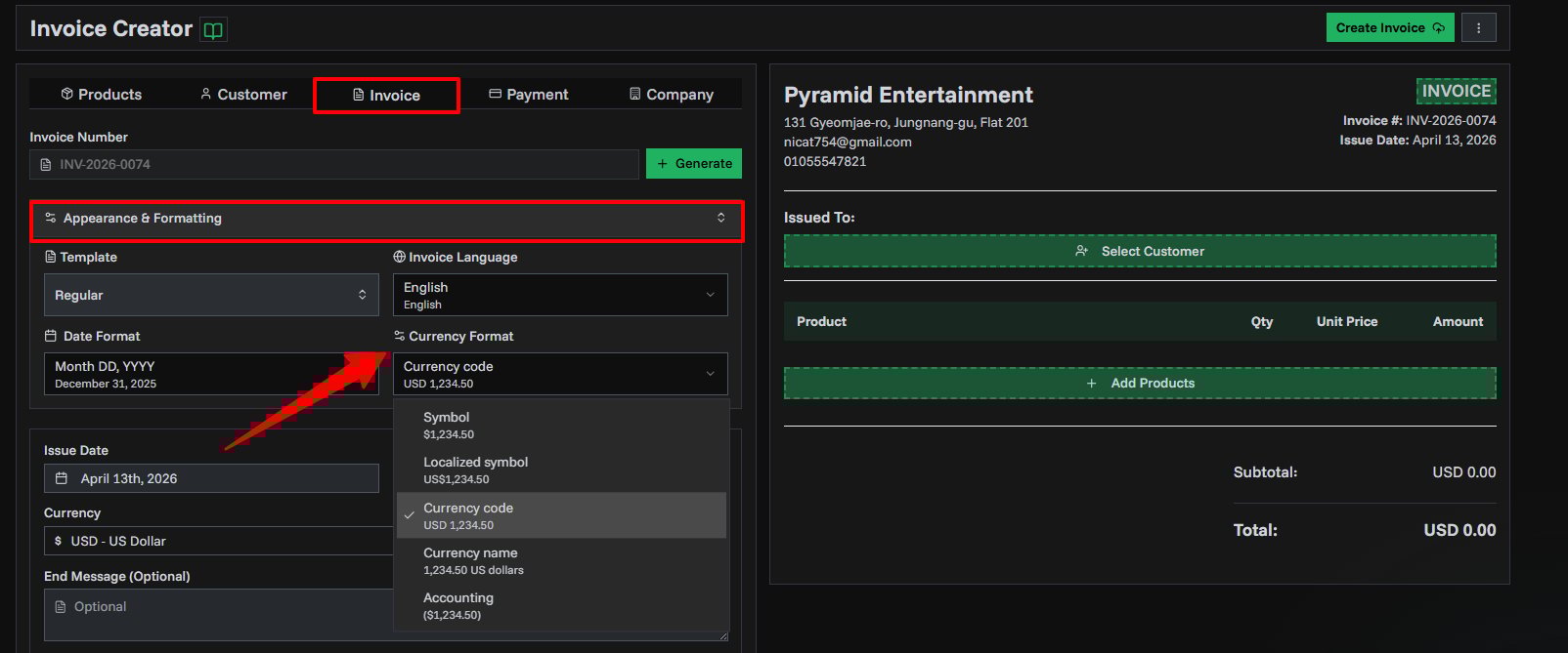 Currency format selection in invoice editor