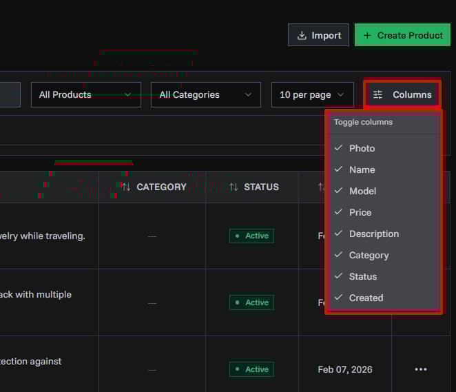 Column visibility toggle