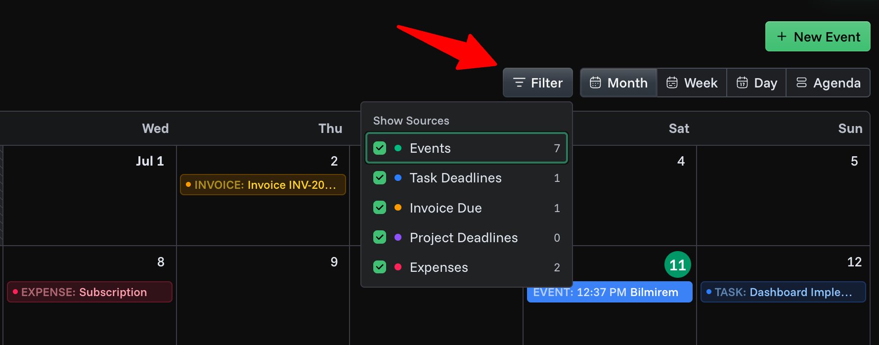 Calendar source filter