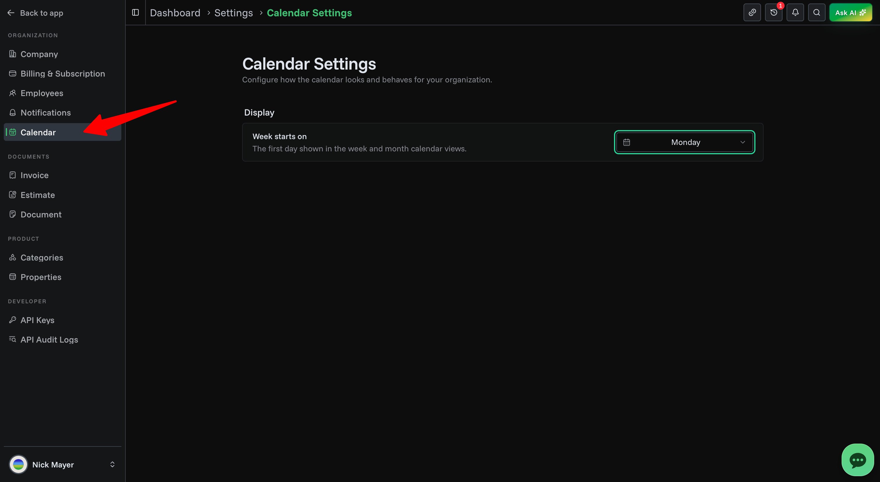 Calendar settings page