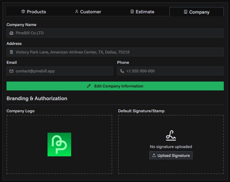 Company Information Tab