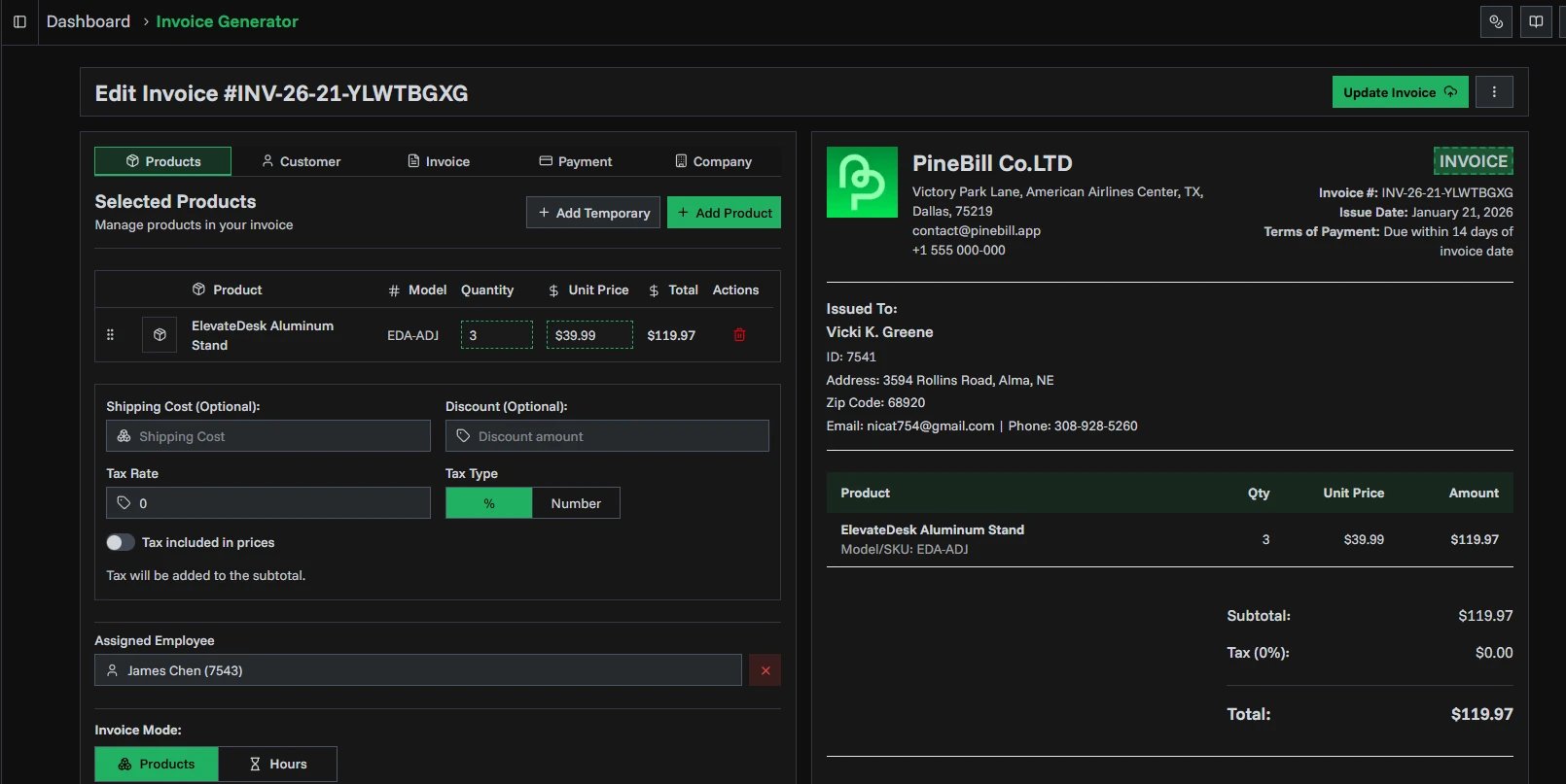 Invoice generator in edit mode with pre-filled data
