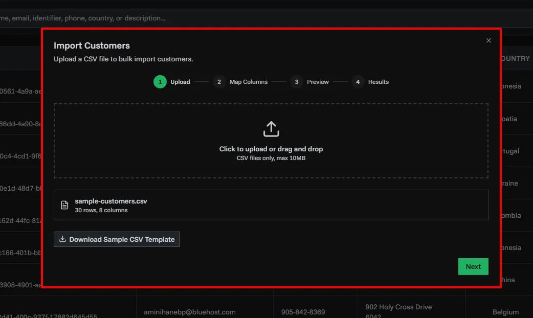 Upload step of the import dialog