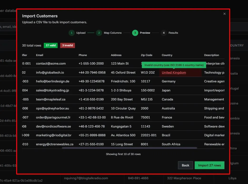 Preview step showing valid and invalid rows