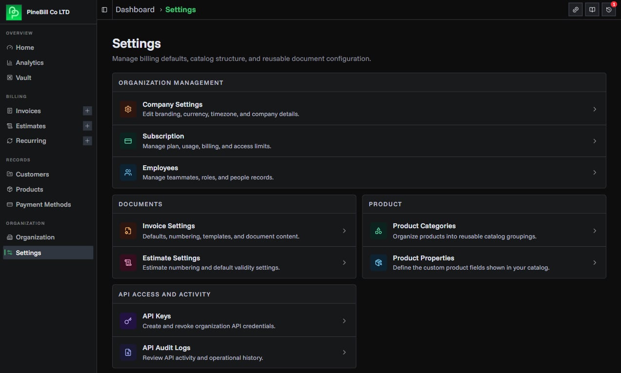 Organization settings entry points