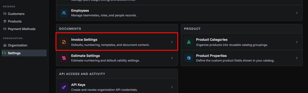 Invoice Settings Page Overview