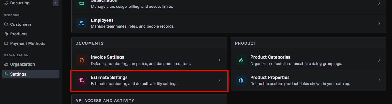 Estimate Settings Page Overview