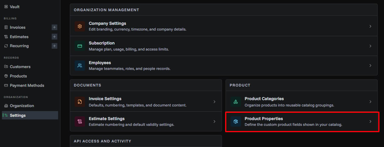 Products Properties Page