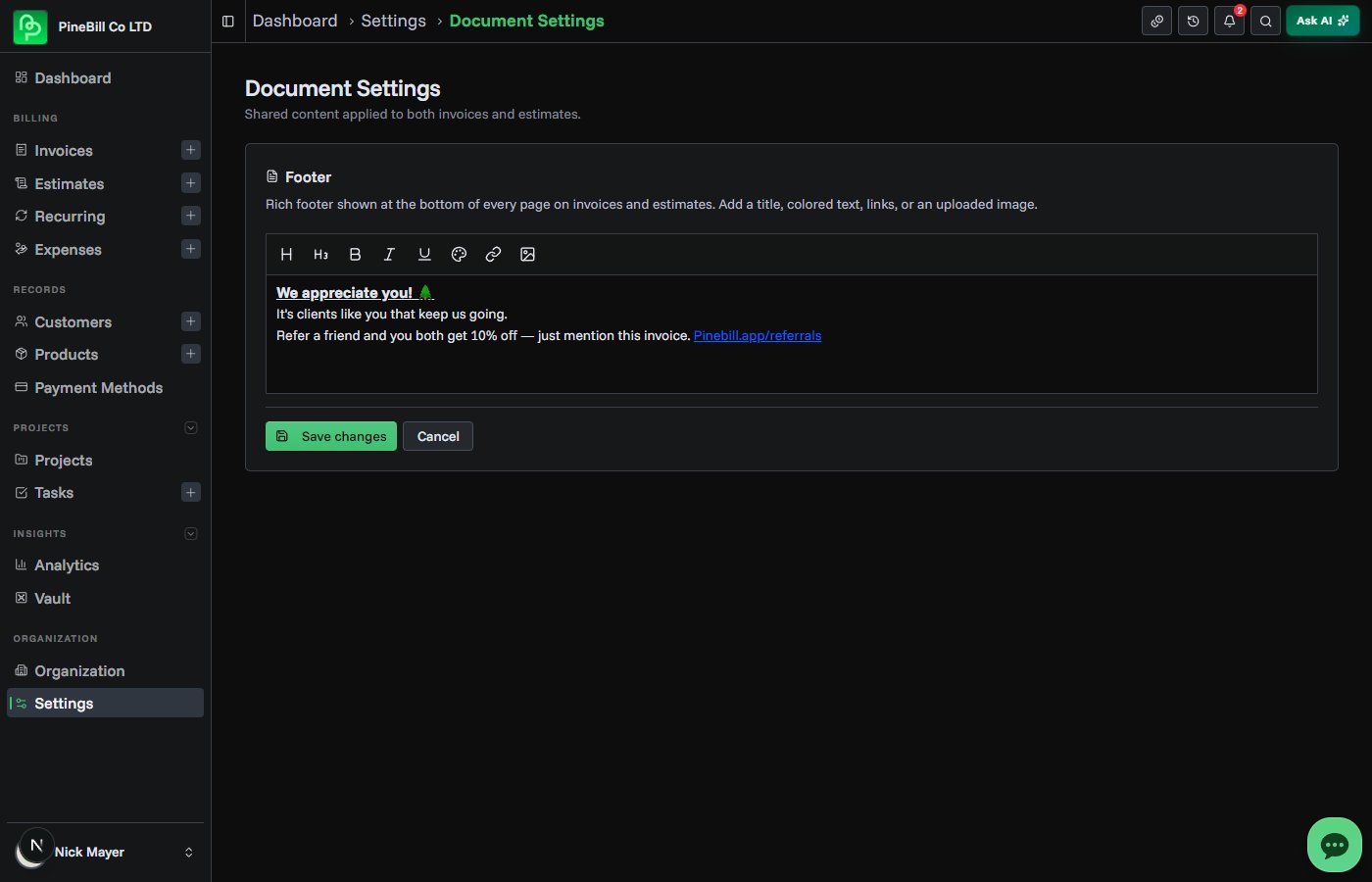 The shared footer editor on the Document Settings page