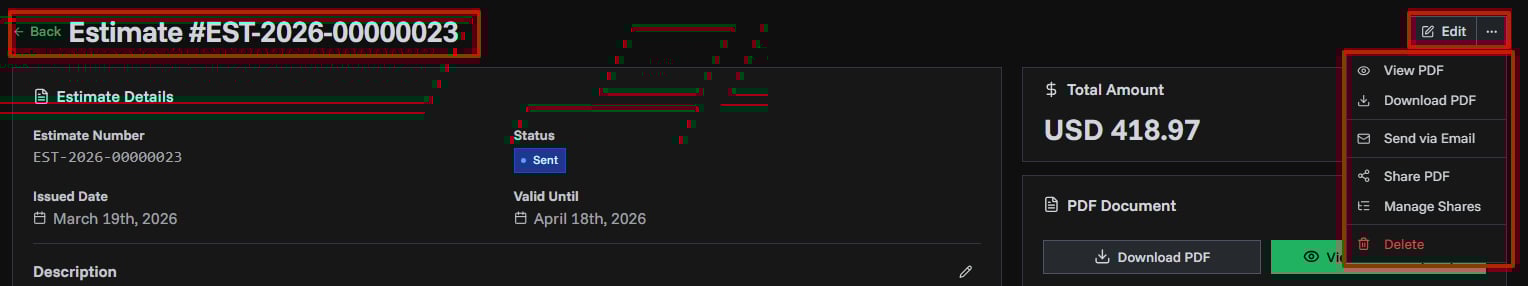 Estimate Details Page Header