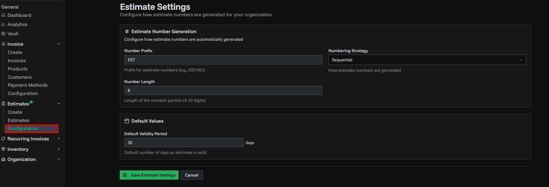 Estimate Settings Page Overview