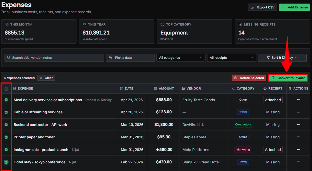 Convert selected expenses to invoice