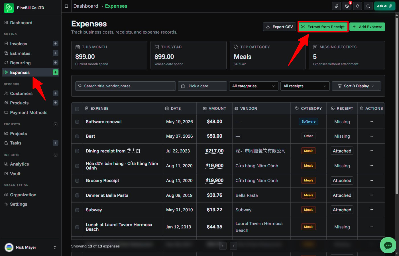 Extract from Receipt button on Expenses page