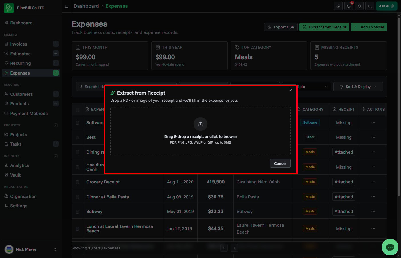 Extract from Receipt upload dialog