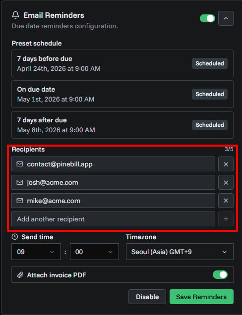 Invoice Reminders Screenshot