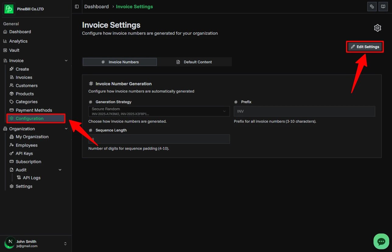Invoice Settings | PineBill Documentation
