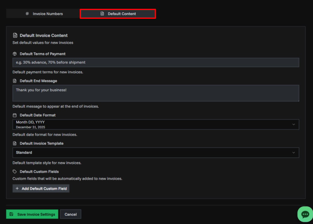 Invoice Settings Page Overview