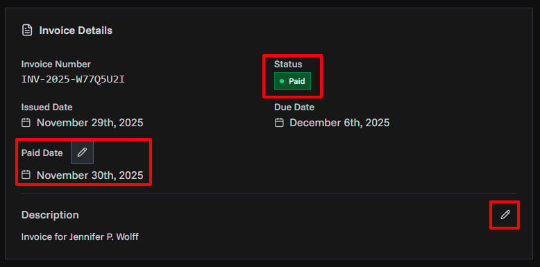 Quick edit options: status badge, description pencil icon, and paid date picker