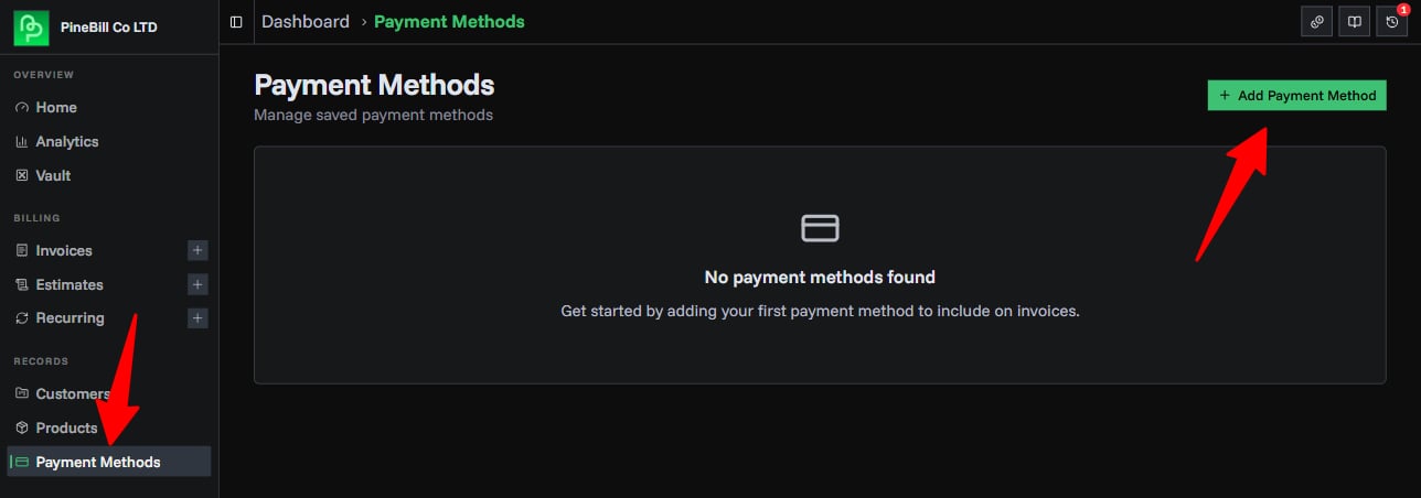 Payment methods list page