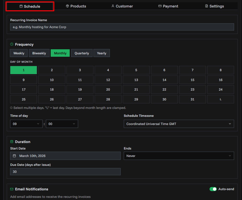 Schedule Tab