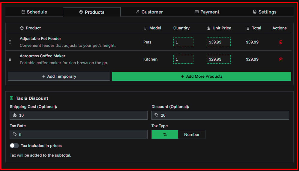 Products Tab