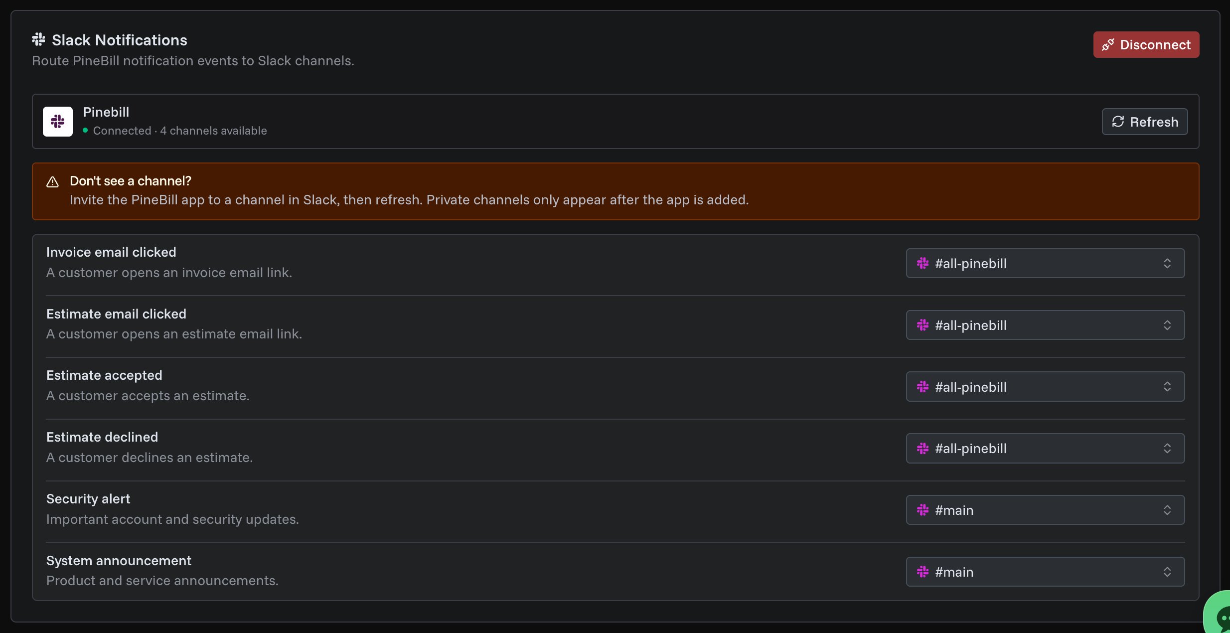 Slack notifications settings