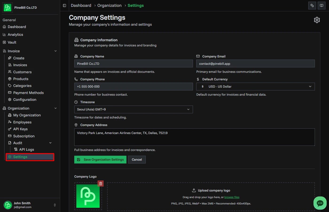 Organization Settings | PineBill Documentation