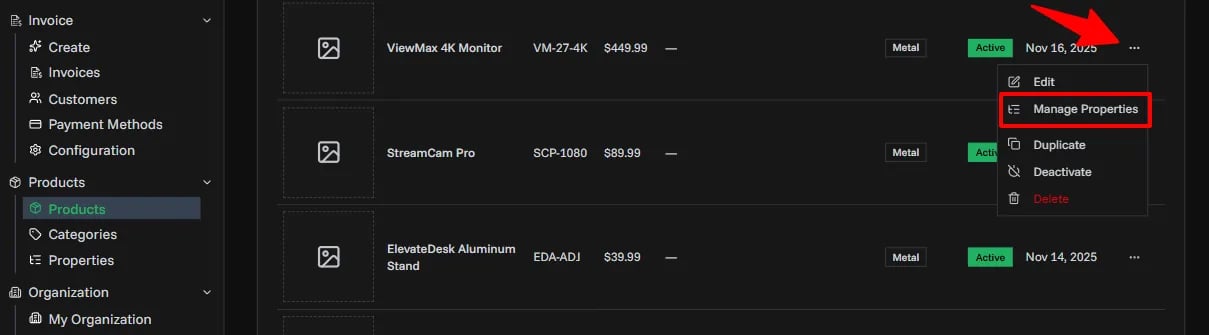 Products Properties Page