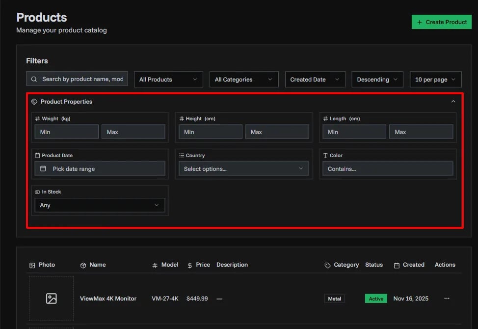 Products Properties Page