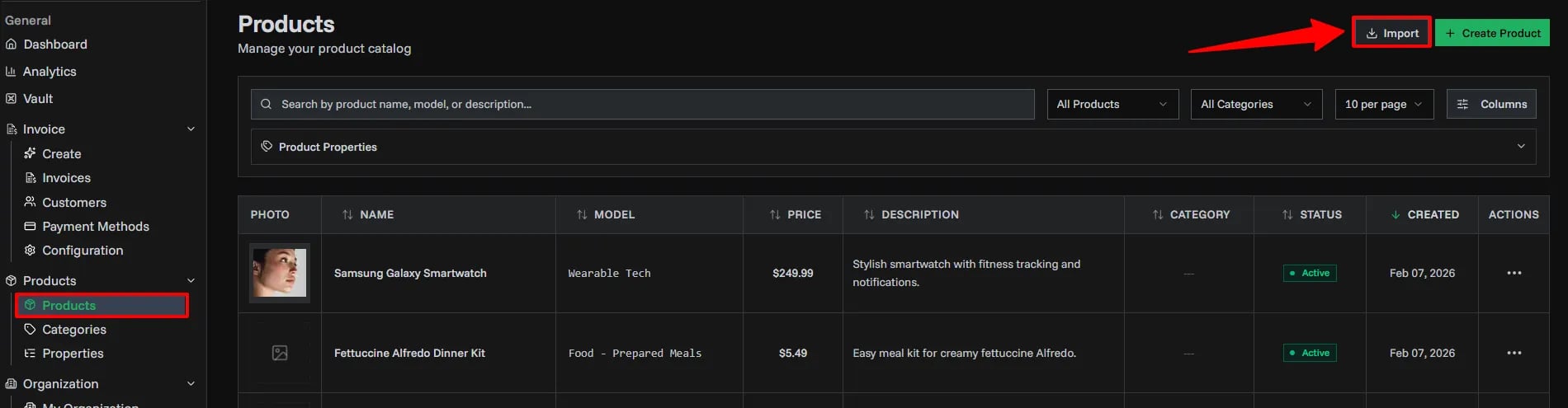 Import button on products page