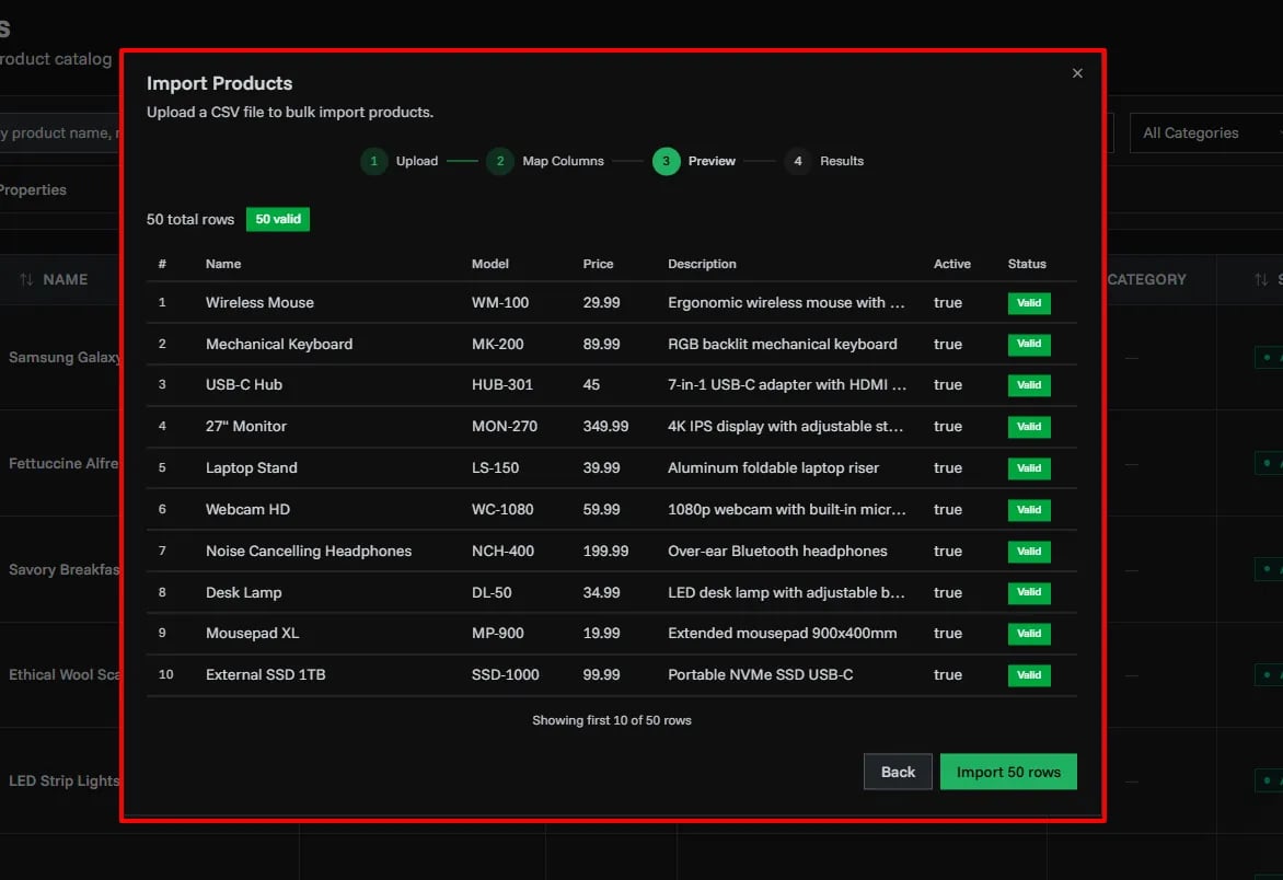 Preview step showing valid and invalid rows
