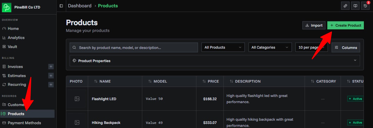Products page overview