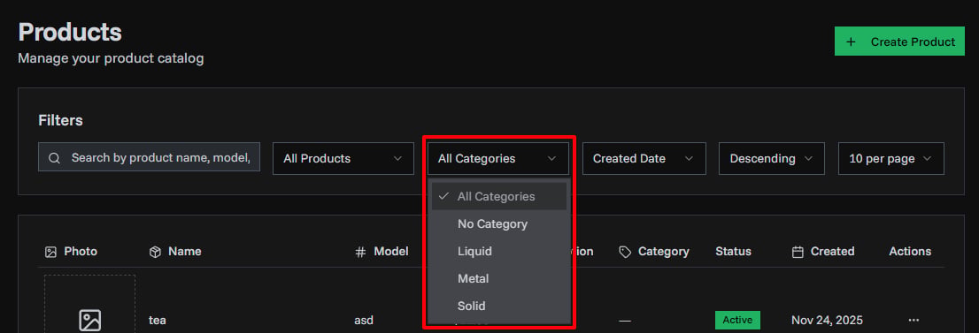 Products page showing category filtering