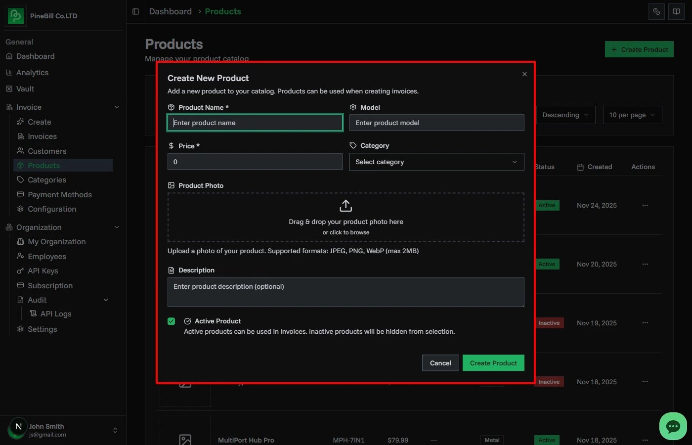 Create product button highlighted