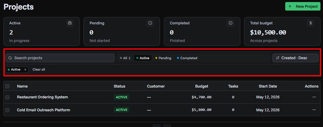 Project filter bar