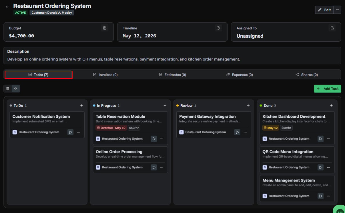 Project detail page with tasks tab