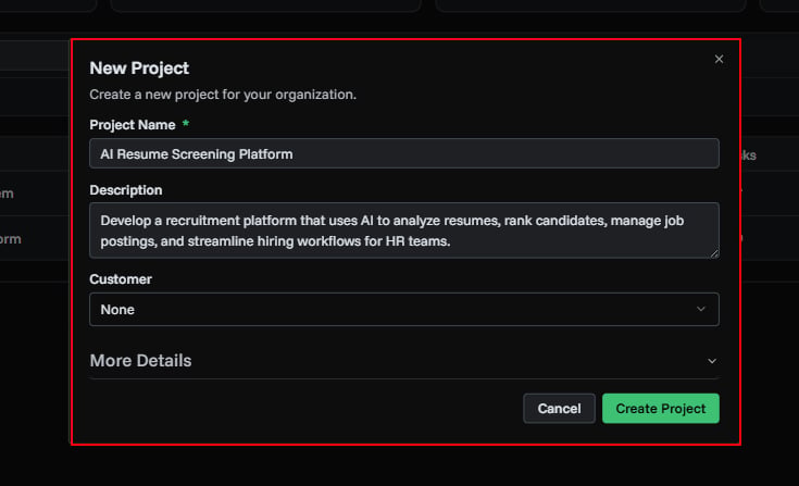 Create project dialog