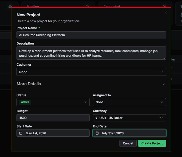 Project form with more details expanded
