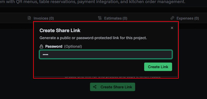 Create project share dialog